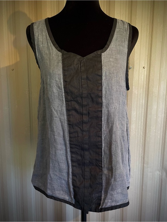 Cynthia Ashby Tops - Cynthia Ashby Grey/Blk Sleeveless Linen Snap Tunic Top Minimalist Lagenlook sz S